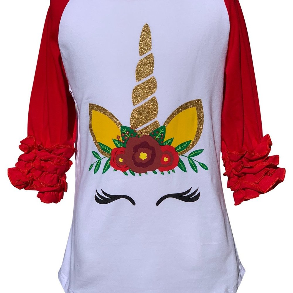 Little Girl Kids Toddler Long Sleeve Ruffle Unicorn Glitter Floral Flower Top - Picture 2 of 3